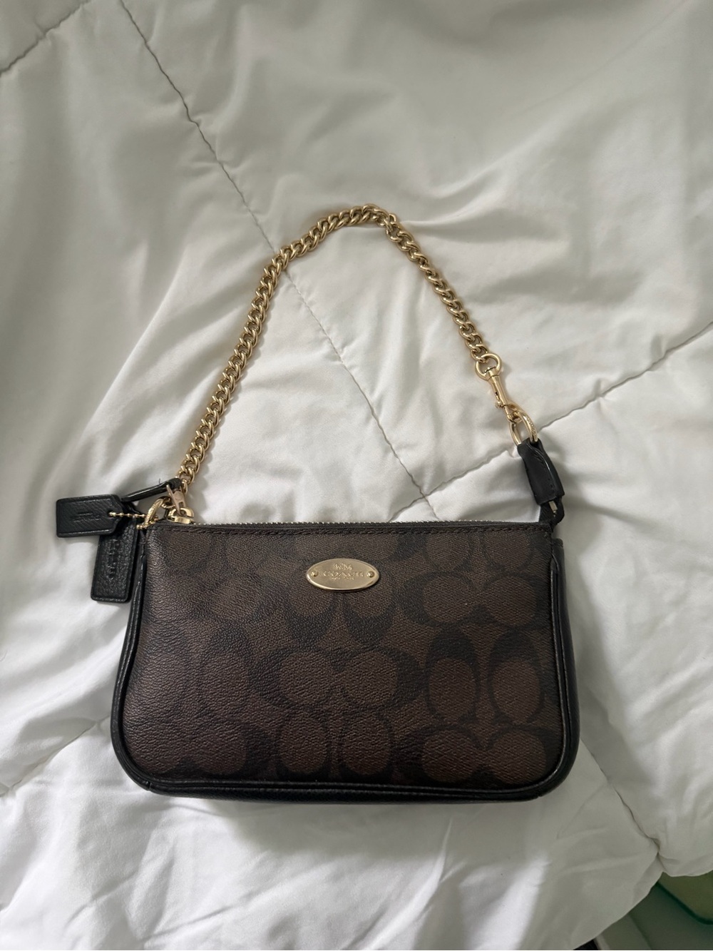 Coach Brown Signature Mini Shoulder Bag with Gold Chain